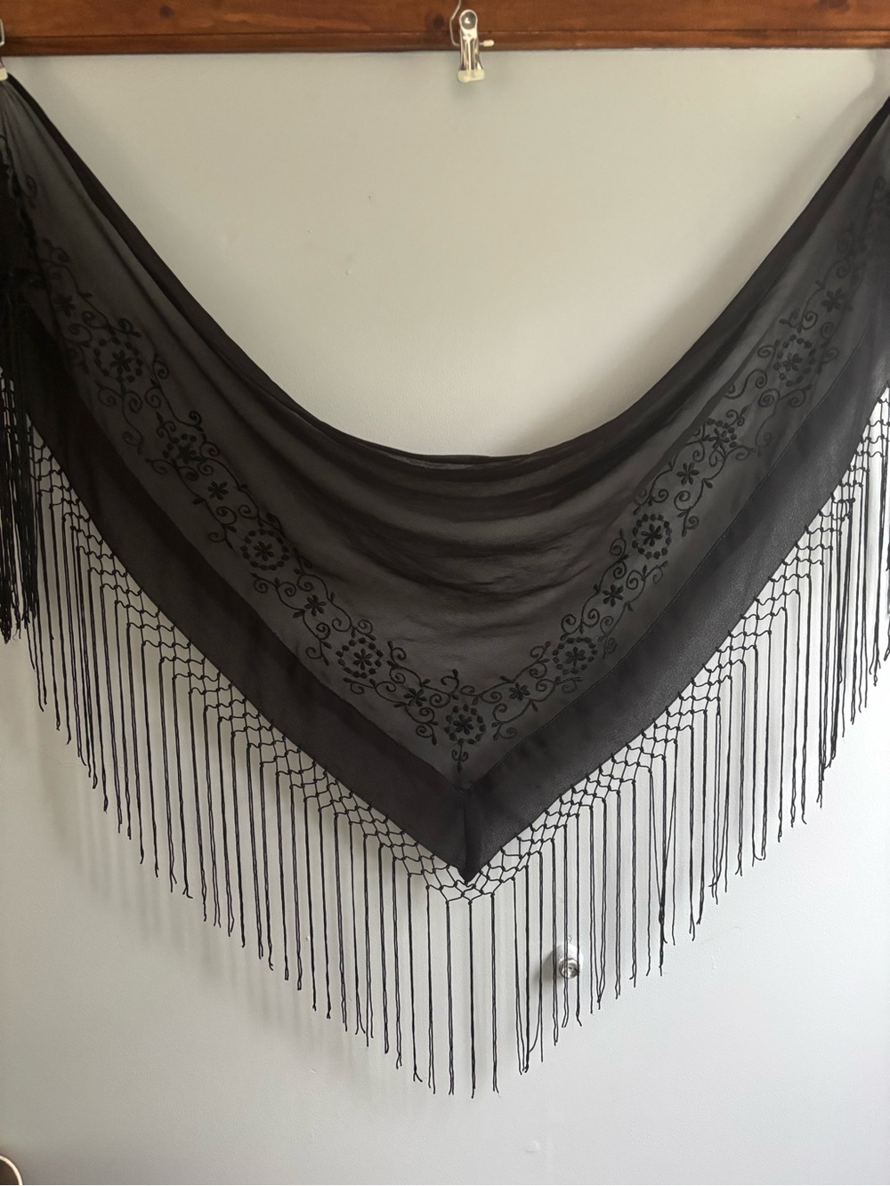 Black Floral Fringe Shawl Scarf